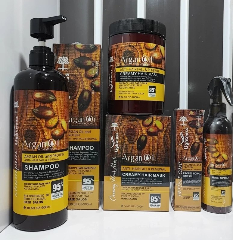 ! پک  مراقبت موی آرگانLightness لایتنس (پک 4 عددی شامل:شامپو-ماسک مو- روغن شیشه ای - دوفاز) اسلواکی
